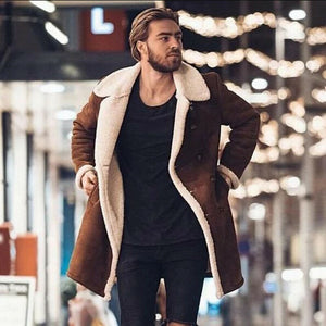 Men Faux Fur Lambswool Brown Jacket Winter Warm Coat Buttom Outwear Long Thicken Parka Lot Casual M-3L