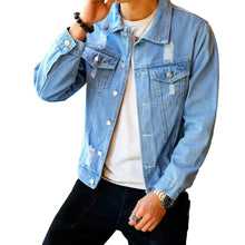 Load image into Gallery viewer, Men&#39;s Denim Jacket Hip Hop Retro Denim Jacket Street Casual Pilot Harajuku Fashion Hole Slim Buttoned Sky Blue Men&#39;s Jacket
