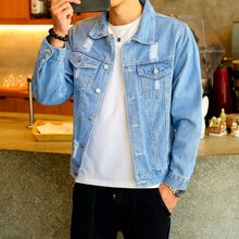 Load image into Gallery viewer, Men&#39;s Denim Jacket Hip Hop Retro Denim Jacket Street Casual Pilot Harajuku Fashion Hole Slim Buttoned Sky Blue Men&#39;s Jacket
